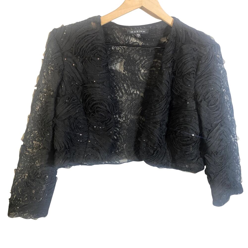 Marina Black Sheer Lace Floral Rose Shrug Bolero Open Front Cover Up Sz L